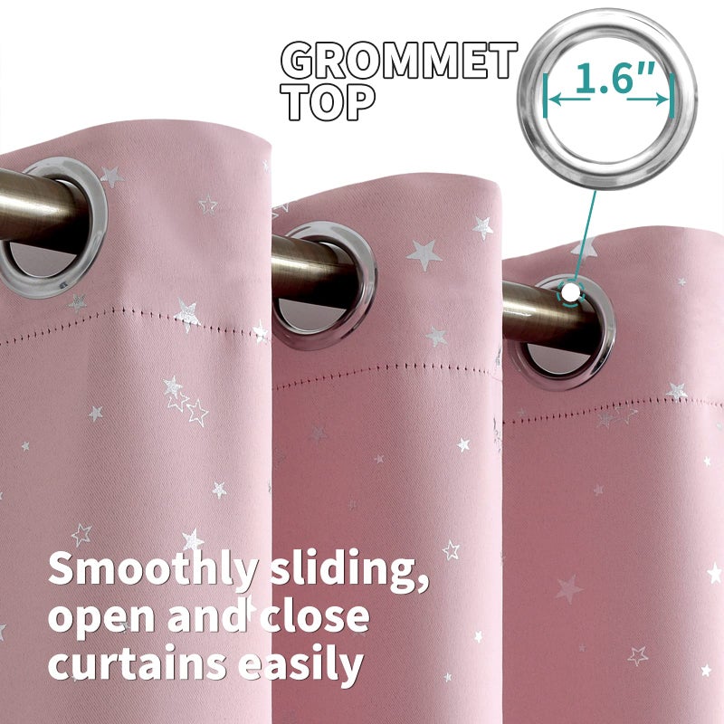BGment Kids Blackout Curtains for Bedroom - Grommet Thermal Insulated Silver Star Print Room Darkening Curtains for Kids Room, Set of 2 Panels, 52 x 63 Inch, Baby Pink - Image 4